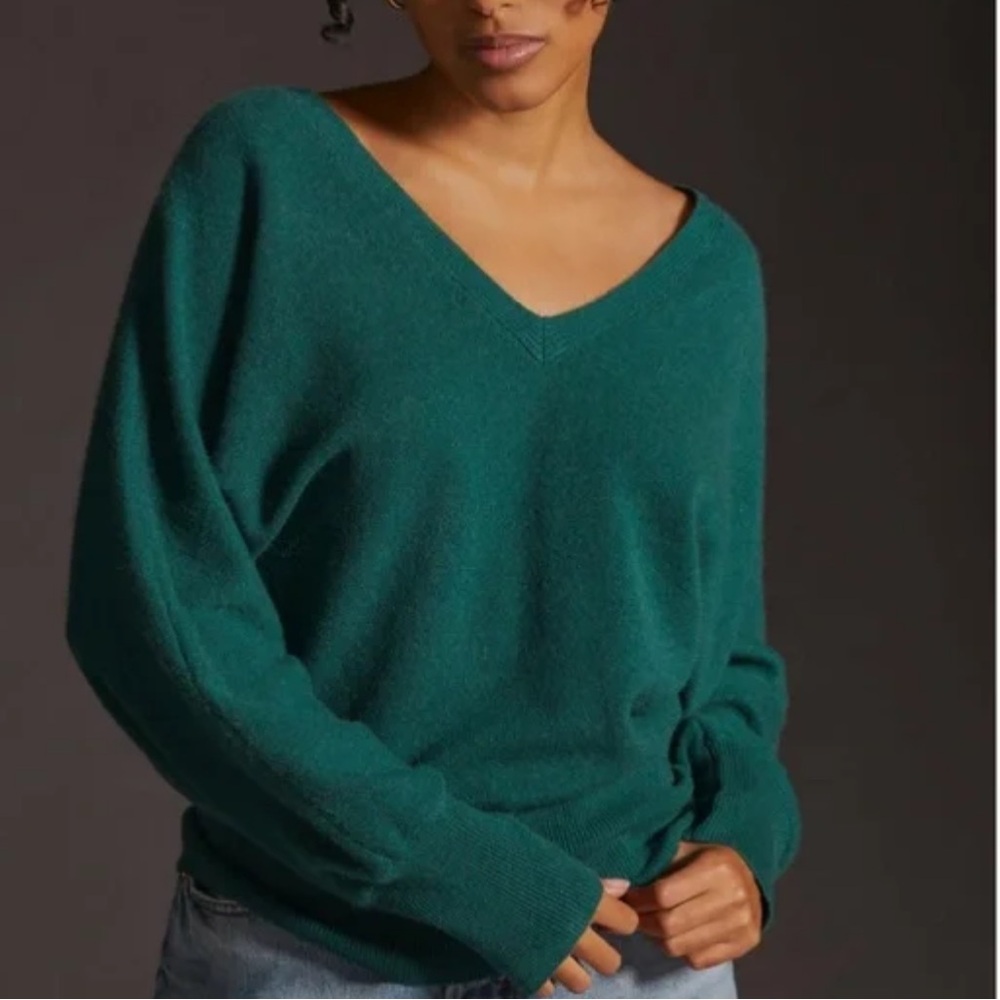 Anthropologie Maeve Emerald V-Neck Cashmere Sweater